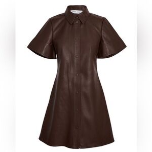 SAMSOE Chocolate Brown Leather A-Line Short Sleeve Dress Coat